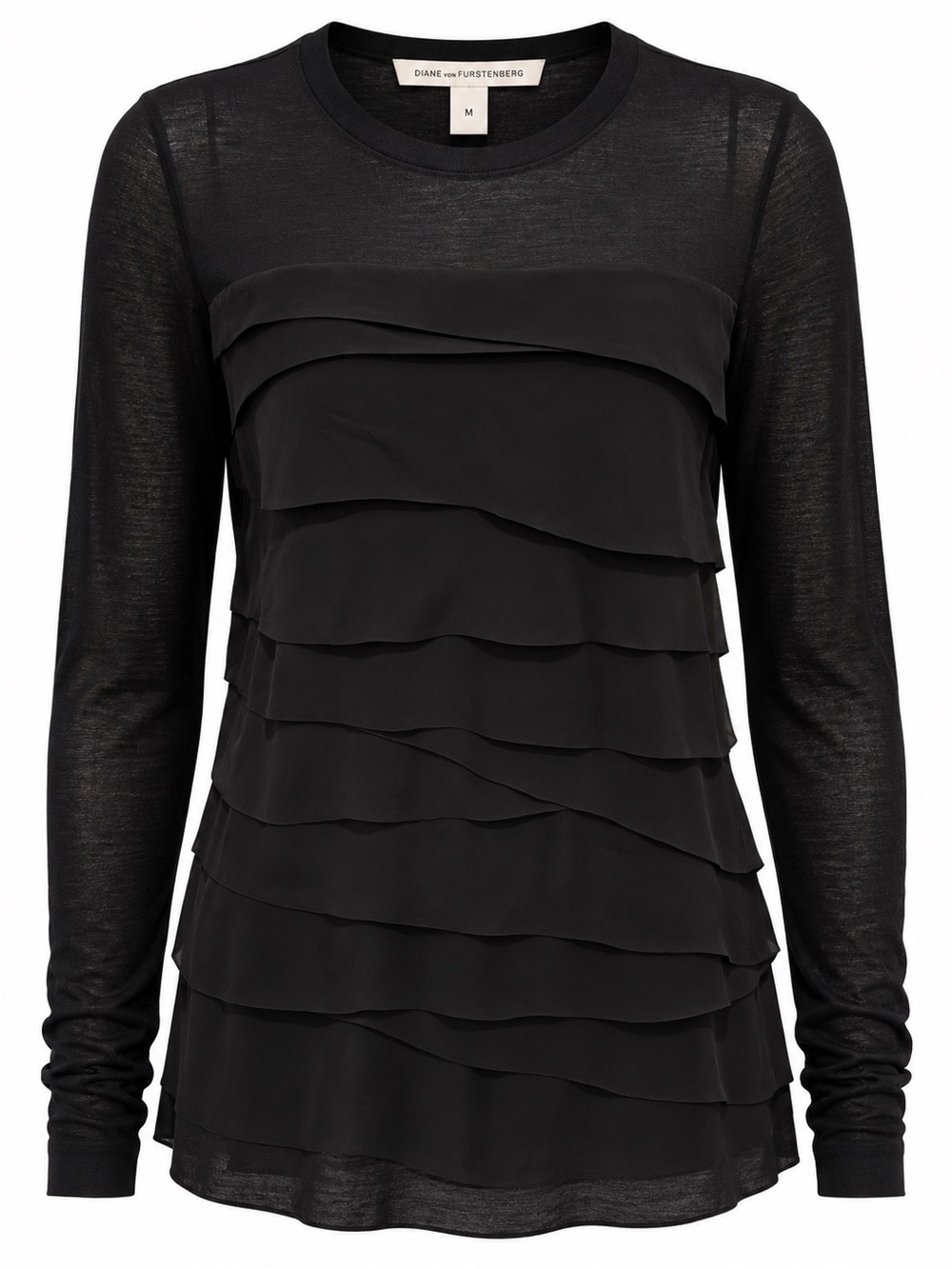 Diane von Furstenberg DVF Black Silk Ruffle Tiered Long Sleeve Top Medium